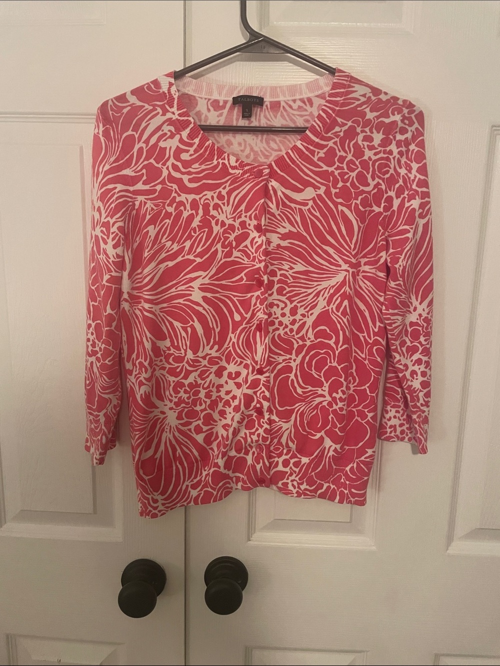Talbots Pink and White Floral Button-Front Cardigan